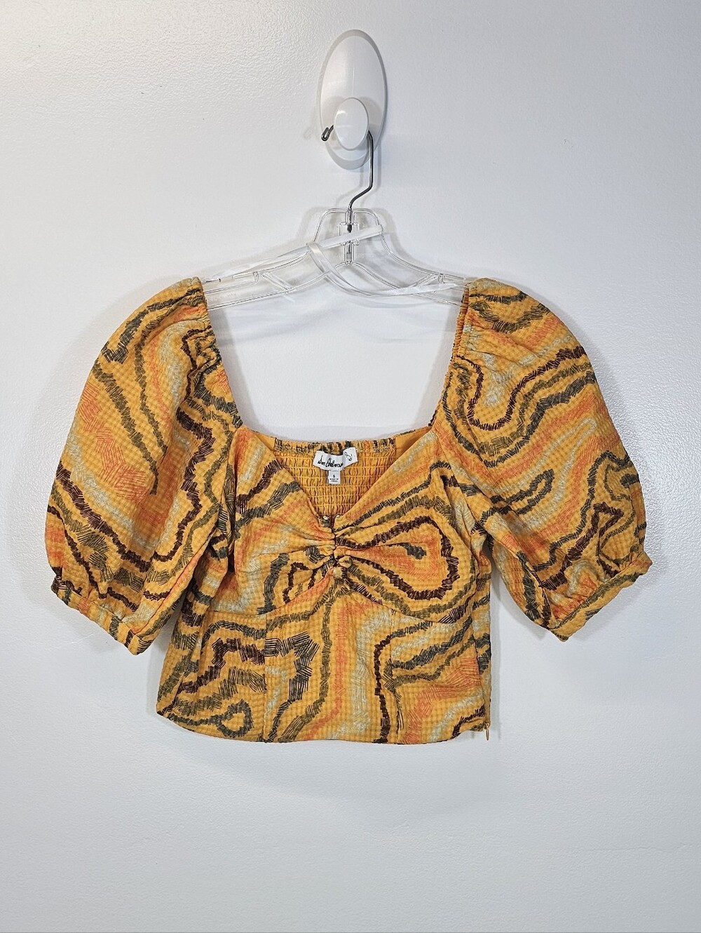 NWT Sam Edelman Crosshatch Wave Apricot Swirl Puff-Sleeve Crop Top